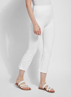 color=White, front angle, lightweight ponte legging with body-hugging fit to knee, flare opening, side slit, comfort waistband