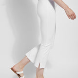 color=White, side view, lightweight ponte legging with body-hugging fit to knee, flare opening, side slit, comfort waistband