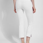 color=White, back view, lightweight ponte legging with body-hugging fit to knee, flare opening, side slit, comfort waistband