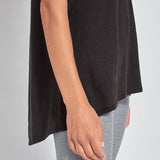 color=Black, side hem view, women’s all purpose casual t-shirt, made from a soft linen blend, versatile for layering