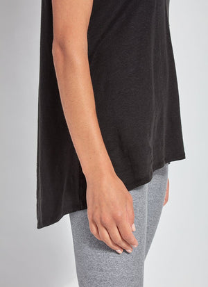 color=Black, side hem view, women’s all purpose casual t-shirt, made from a soft linen blend, versatile for layering