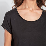 color=Black, neckline detail, women’s all purpose casual t-shirt, made from a soft linen blend, versatile for layering