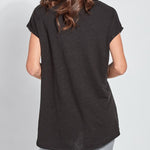 color=Black, back view, women’s all purpose casual t-shirt, made from a soft linen blend, versatile for layering