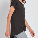 color=Black, side view, women’s all purpose casual t-shirt, made from a soft linen blend, versatile for layering