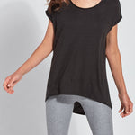 color=Black, front view, women’s all purpose casual t-shirt, made from a soft linen blend, versatile for layering