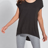 color=Black, front view, women’s all purpose casual t-shirt, made from a soft linen blend, versatile for layering