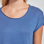 color=Denim Blue, neckline detail, women’s all purpose casual t-shirt, made from a soft linen blend, versatile for layering