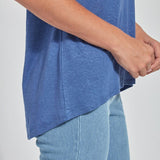 color=Denim Blue, side hem detail,women’s all purpose casual t-shirt, made from a soft linen blend, versatile for layering