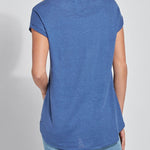 color=Denim Blue, back view, women’s all purpose casual t-shirt, made from a soft linen blend, versatile for layering