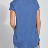 color=Denim Blue, back view, women’s all purpose casual t-shirt, made from a soft linen blend, versatile for layering