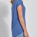 color=Denim Blue, side view, women’s all purpose casual t-shirt, made from a soft linen blend, versatile for layering