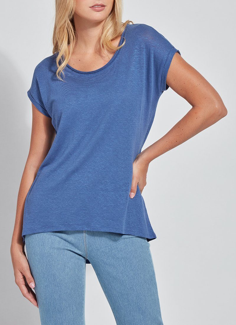 color=Denim Blue, front view, women’s all purpose casual t-shirt, made from a soft linen blend, versatile for layering