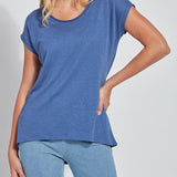 color=Denim Blue, front view, women’s all purpose casual t-shirt, made from a soft linen blend, versatile for layering