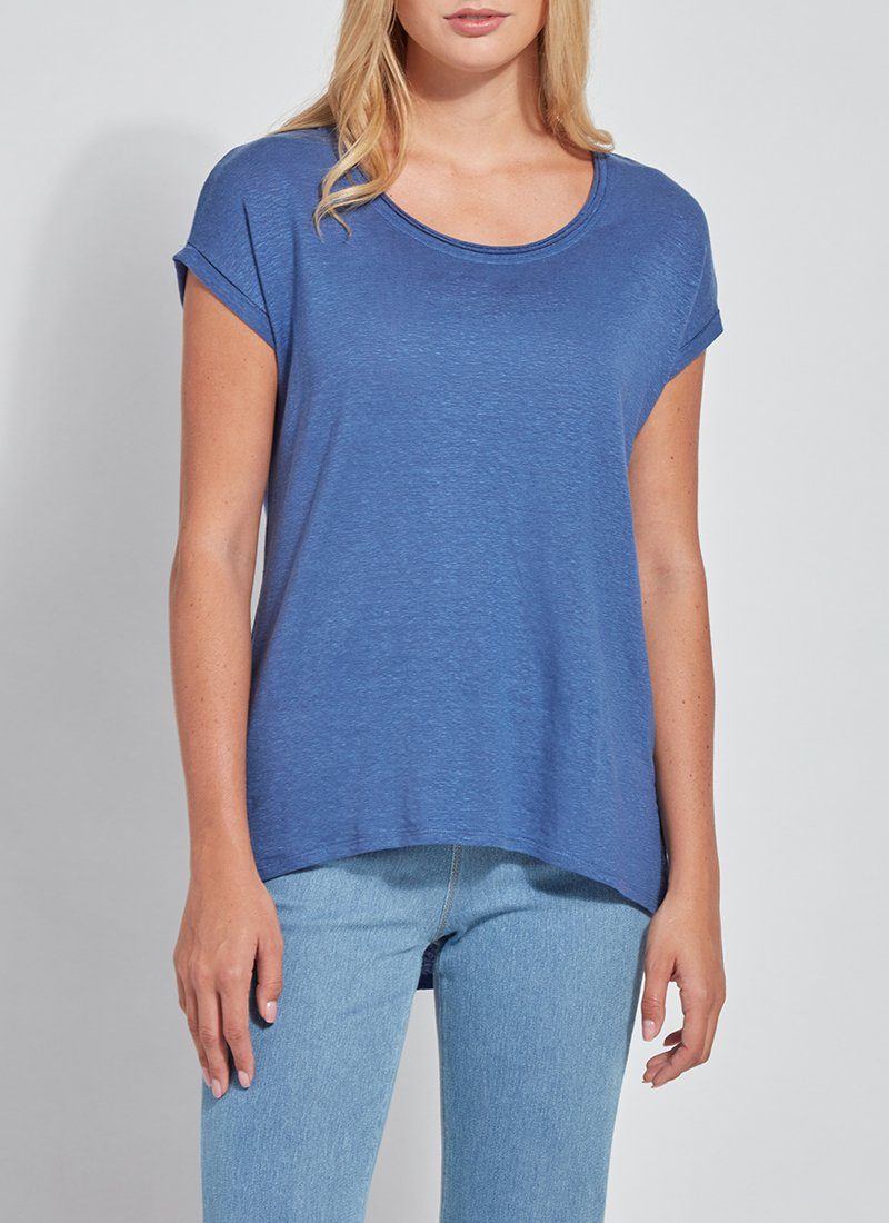 color=Denim Blue, front view, women’s all purpose casual t-shirt, made from a soft linen blend, versatile for layering