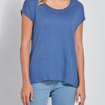 color=Denim Blue, front view, women’s all purpose casual t-shirt, made from a soft linen blend, versatile for layering