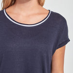 color=True Navy, front neckline detail, women’s all purpose casual t-shirt, made from a soft linen blend, versatile for layering