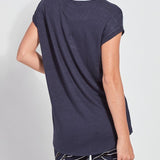 color=True Navy, back view, women’s all purpose casual t-shirt, made from a soft linen blend, versatile for layering