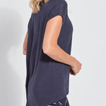 color=True Navy, side view, women’s all purpose casual t-shirt, made from a soft linen blend, versatile for layering