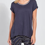 color=True Navy, front view, women’s all purpose casual t-shirt, made from a soft linen blend, versatile for layering