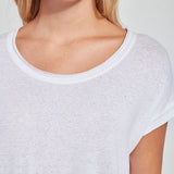 color=White, front neckline detail, women’s all purpose casual t-shirt, made from a soft linen blend, versatile for layering