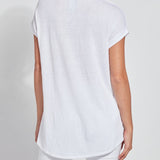 color=White, back detail, women’s all purpose casual t-shirt, made from a soft linen blend, versatile for layering