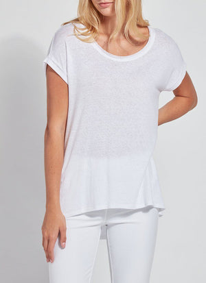 color=White, front view, women’s all purpose casual t-shirt, made from a soft linen blend, versatile for layering