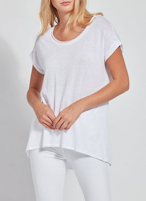 color=White, front view, women’s all purpose casual t-shirt, made from a soft linen blend, versatile for layering