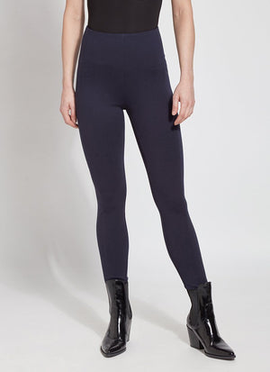 color=Midnight, Front view of midnight blue ponte laura legging with patented concealed waistband, seen from waist down