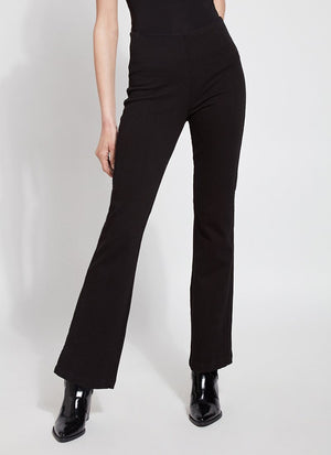 color=Black, front view, knit denim jean leggings with deep side pocket, skims hips and thighs and opens into bootcut hem