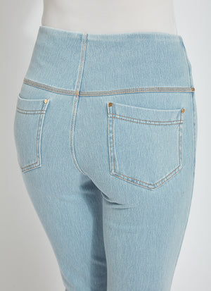 color=Bleached Blue, back detail, knit denim jean leggings with deep side pocket, skims hips and thighs and opens into bootcut hem