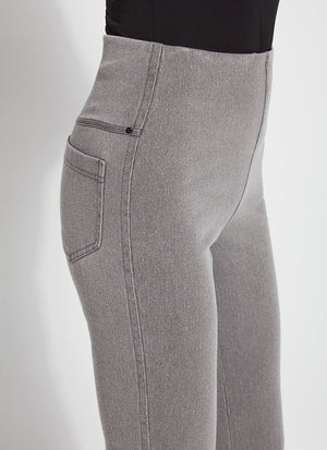 color=Mid Grey, waist detail, knit denim jean leggings with deep side pocket, skims hips and thighs and opens into bootcut hem