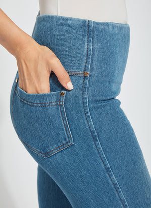 color=Mid Wash, waist detail, knit denim jean leggings with deep side pocket, skims hips and thighs and opens into bootcut hem