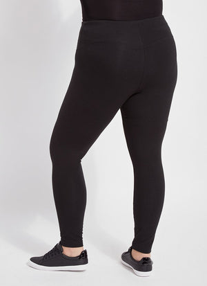 color=Black, back view, stretch cotton leggings, yoga pants, with smoothing comfort waistband and lifting, contouring seaming 