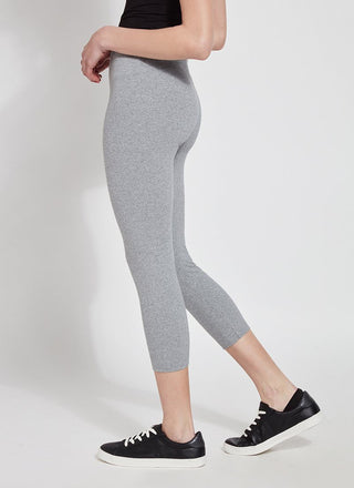 color=Grey Melange, side view, flattering cotton crop leggings, like yoga pants,  with concealed waistband for control and comfort