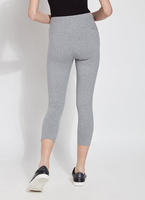 color=Grey Melange, back view, flattering cotton crop leggings, like yoga pants,  with concealed waistband for control and comfort