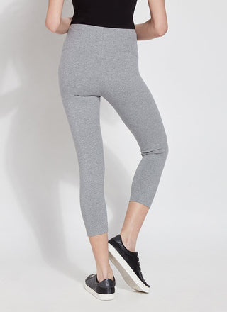 color=Grey Melange, back view, flattering cotton crop leggings, like yoga pants,  with concealed waistband for control and comfort