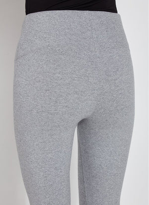 color=Grey Melange, back view, flattering cotton crop leggings, like yoga pants,  with concealed waistband for control and comfort