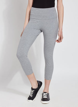 color=Grey Melange, front view, flattering cotton crop leggings, like yoga pants,  with concealed waistband for control and comfort