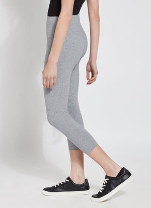 color=Grey Melange, side view, flattering cotton crop leggings, like yoga pants,  with concealed waistband for control and comfort