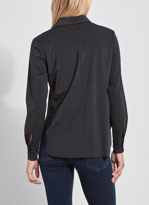 color=Black, back view, slim fit women’s button up shirt with curved hem, made with wrinkle resistant microfiber