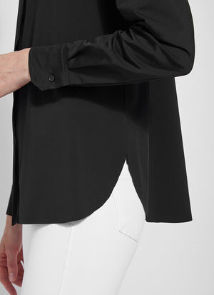 color=Black, hem detail, slim fit women’s button up shirt with curved hem, made with wrinkle resistant microfiber