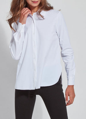 color=White, front view, slim fit women’s button up shirt with curved hem, made with wrinkle resistant microfiber