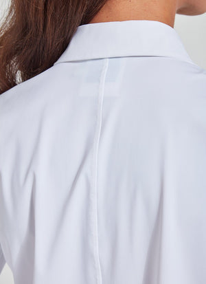 color=White, back neckline detail, slim fit women’s button up shirt with curved hem, made with wrinkle resistant microfiber