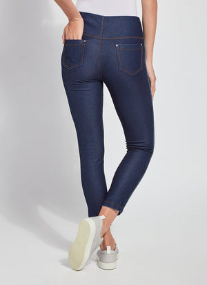 color=Indigo, Rear view of indigo Park Jean Legging, in eco-friendly Repreve Knit Denim, with fashion details and slimming 360 control waistband