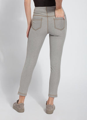 color=Washed Grey, Rear view of washed grey Park Jean Legging, in eco-friendly Repreve® Knit Denim, with fashion details and slimming 360 control waistband