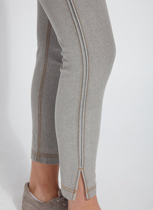 color=Washed Grey, Leg opening detail of washed grey Park Jean Legging, in eco-friendly Repreve Knit Denim, with fashion details and slimming 360 control waistband