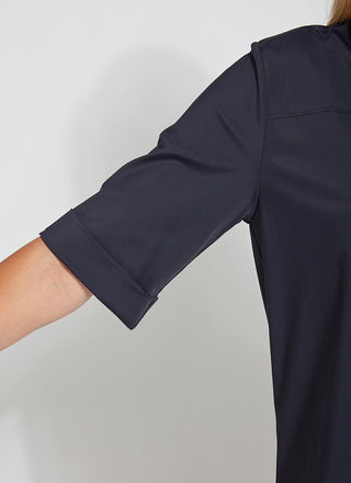 color=True Navy, sleeve detail, slim fit women’s short sleeve button up shirt in wrinkle resistant microfiber