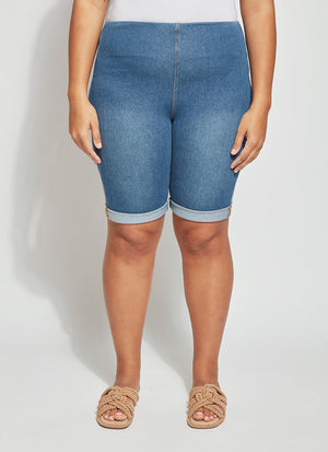 color=Mid Wash, front, biker-length women's denim short, comfort waistband, flattering plus size cut