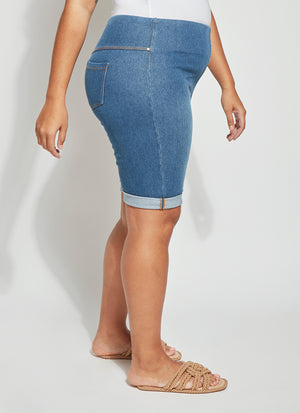 color=Mid Wash, side view, biker-length women's denim short, comfort waistband, flattering plus size cut