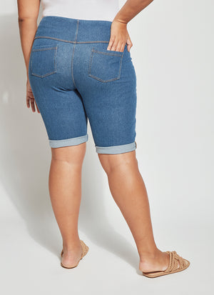 color=Mid Wash, back, biker-length women's denim short, comfort waistband, flattering plus size cut